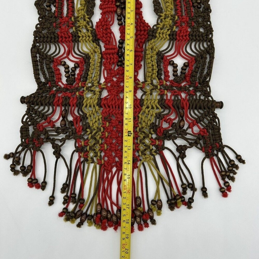 Macrame Wall Hanging Boho Wood Rod Green Red Brown Beads Striped Rope Art Nylon - Picture 6 of 7